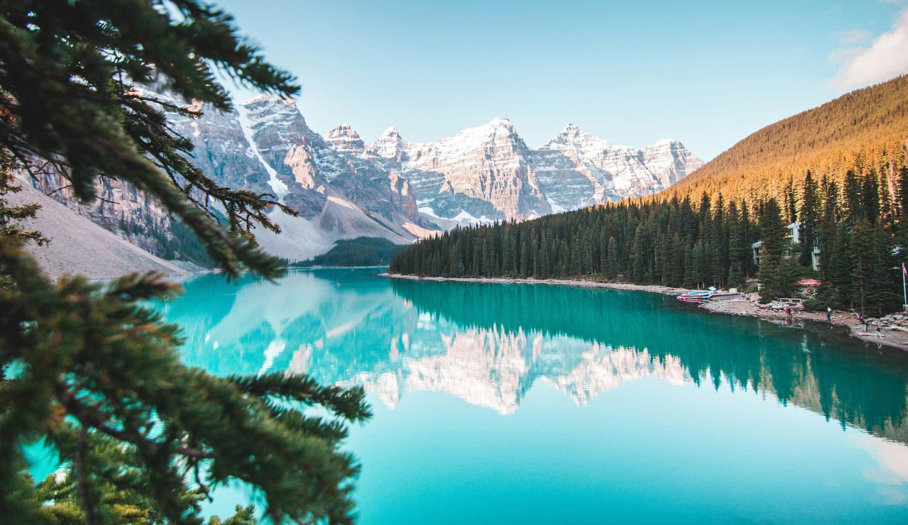 Turquoise lake with mountains and pine trees in Banff National Park