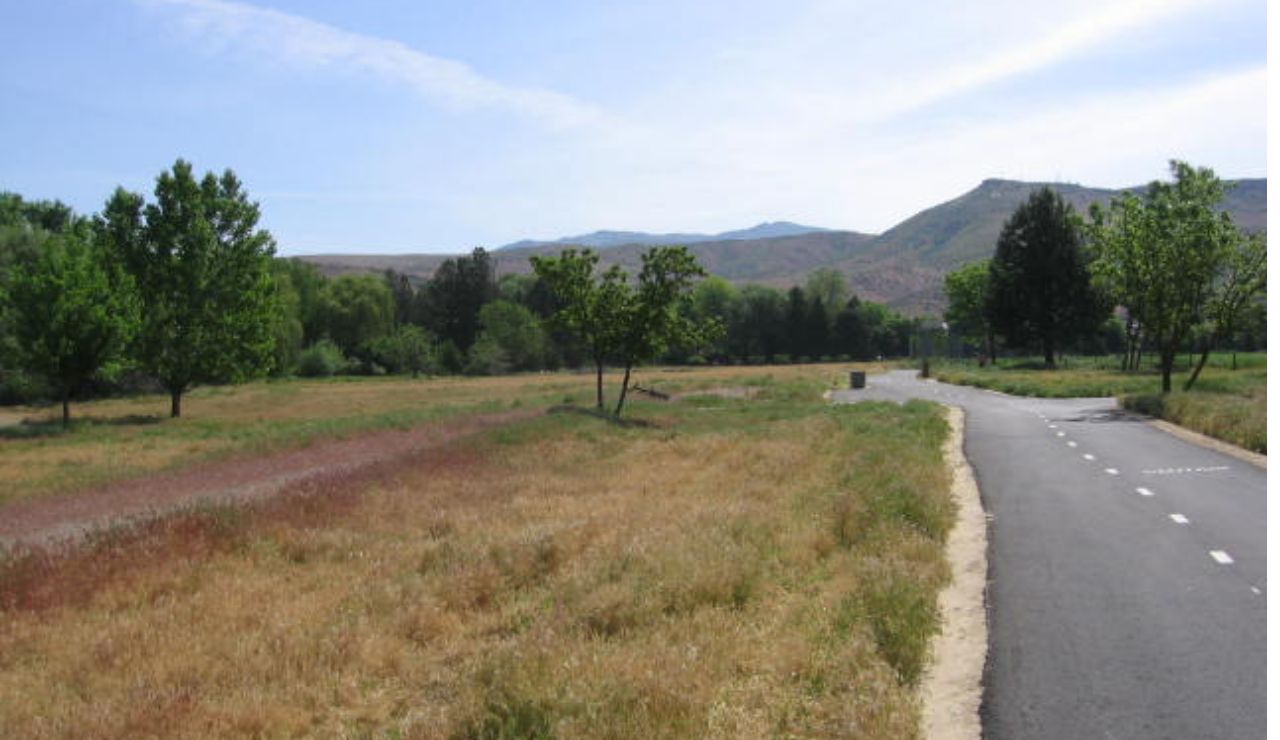 Paved biking and walking trail curving through an open grassy field with scattered trees and hills in the background.
