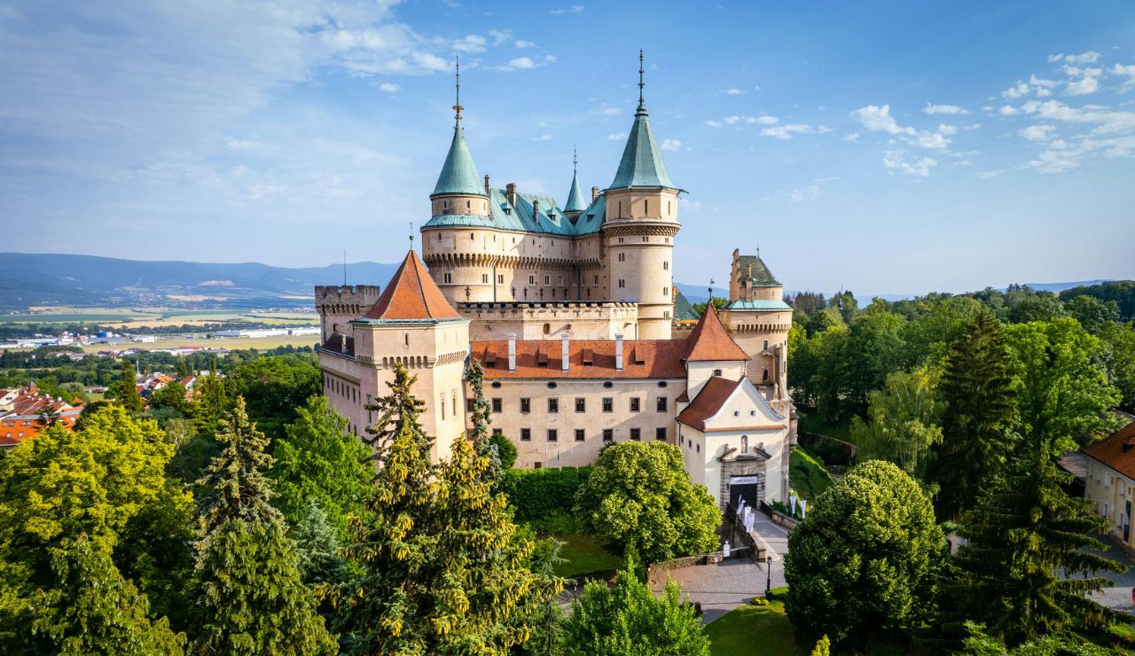 Fairytale-like pink spires of Bojnice Castle in Slovakia