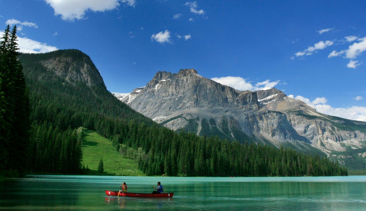  A couple paddling a canoe through misty waters surrounded by pine trees.
