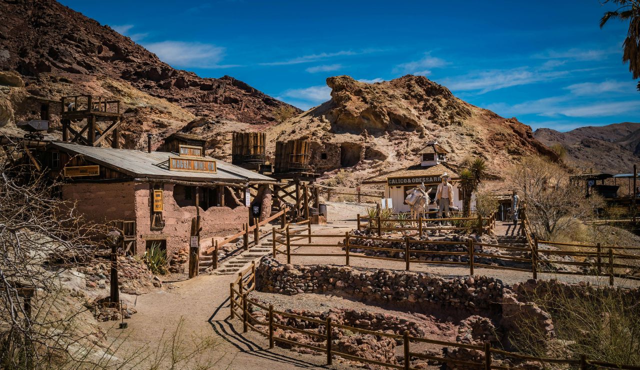 Abandoned wooden storefronts in Calico ghost town, California.