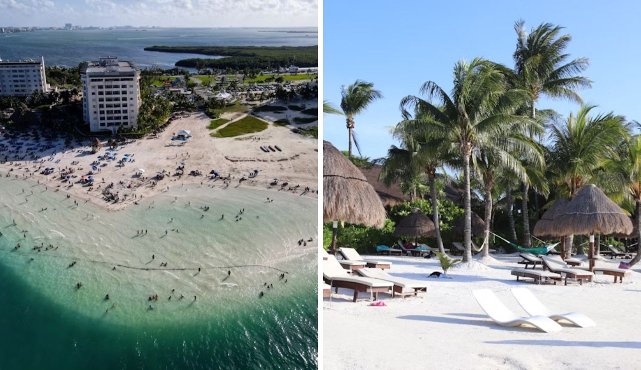 A split view comparing Cancun's busy beach with a tall hotel in the background on the left, and the serene, palm-lined shores of Isla Holbox on the right, offering a more peaceful, secluded atmosphere.