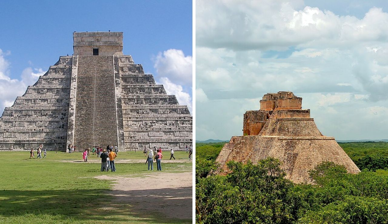 Side-by-side view of Chichen Itza (left) with its iconic stepped pyramid El Castillo, and Uxmal (right) featuring the rounded Pyramid of the Magician surrounded by lush greenery.
