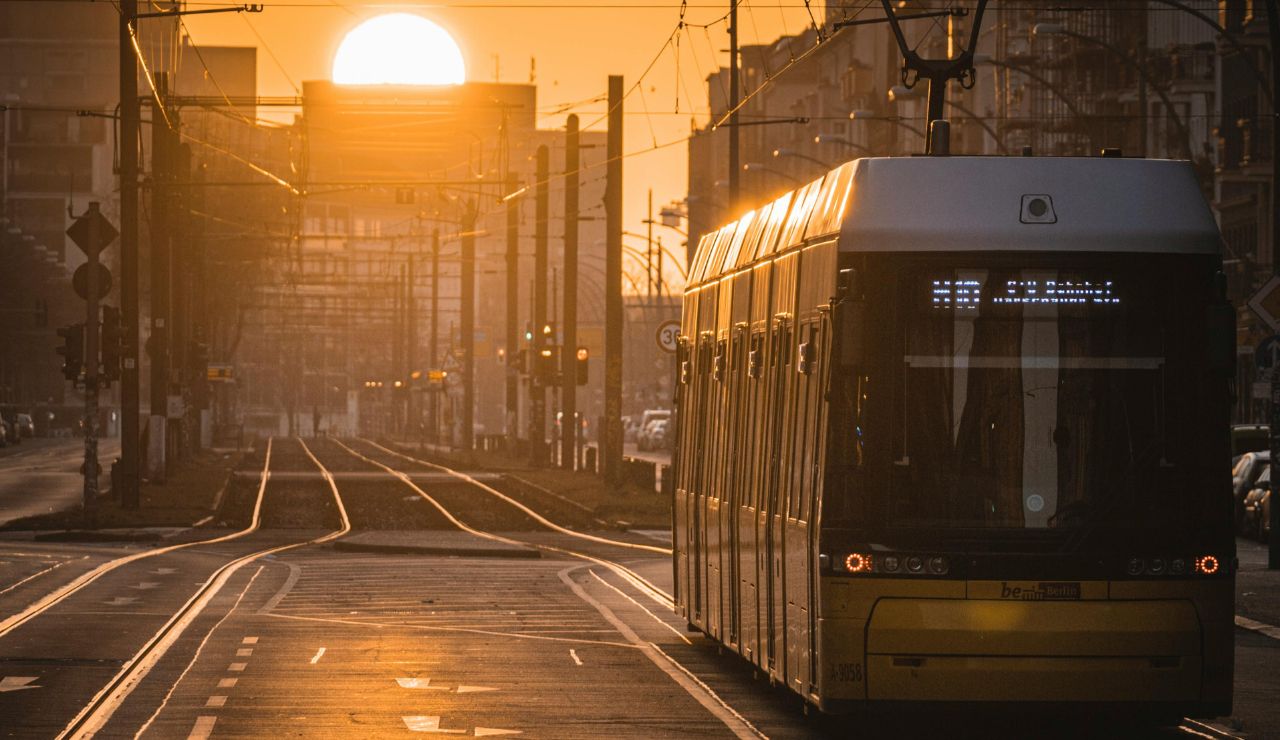 Tram passing through downtown Cluj-Napoca, Romania