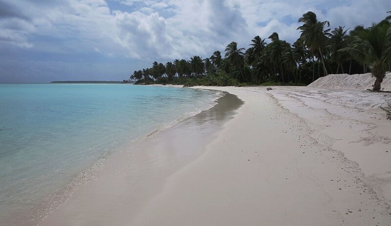 Pristine tropical beach with white sand, turquoise water, and palm trees lining the shore under a partly cloudy sky.