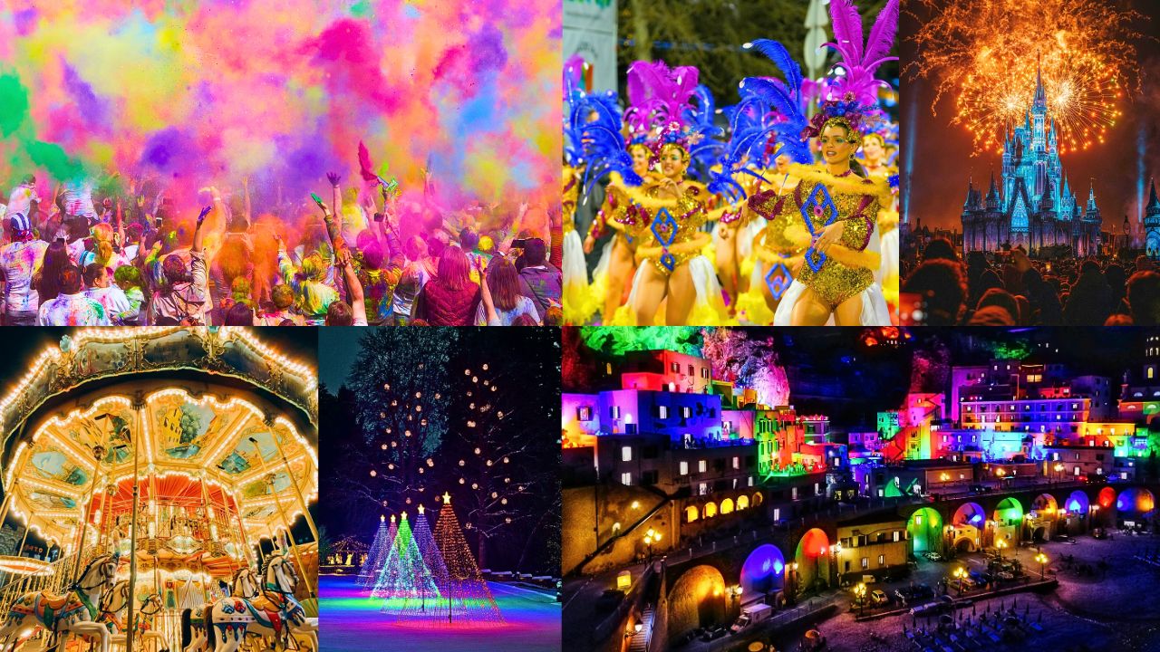 Collage of vibrant cultural festivals showing colorful celebration of global traditions