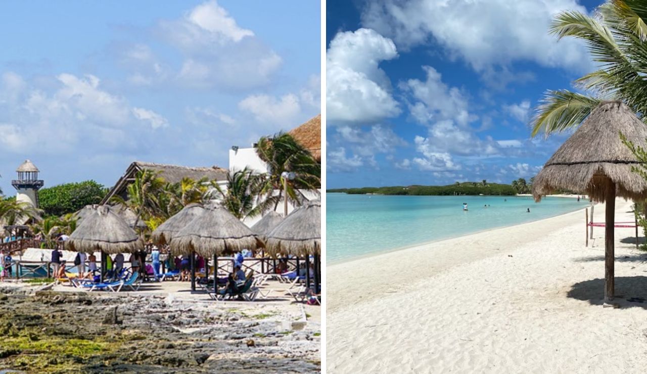 Side-by-side comparison of Cozumel (left) with a rocky beach, palapas, and crowds, and Isla Contoy (right) featuring a quiet, pristine beach with white sand, turquoise water, and palm-thatched shelters.