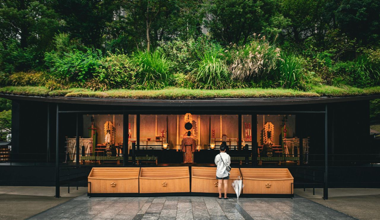 A person holding a white umbrella stands before a traditional Japanese shrine with a green roof, gazing at the altar.