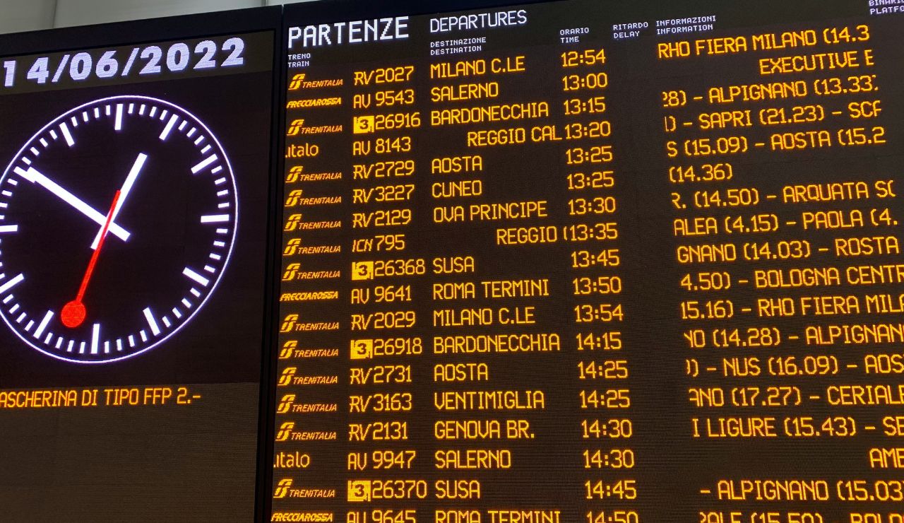 Digital departure board with train numbers and destinations in Italian