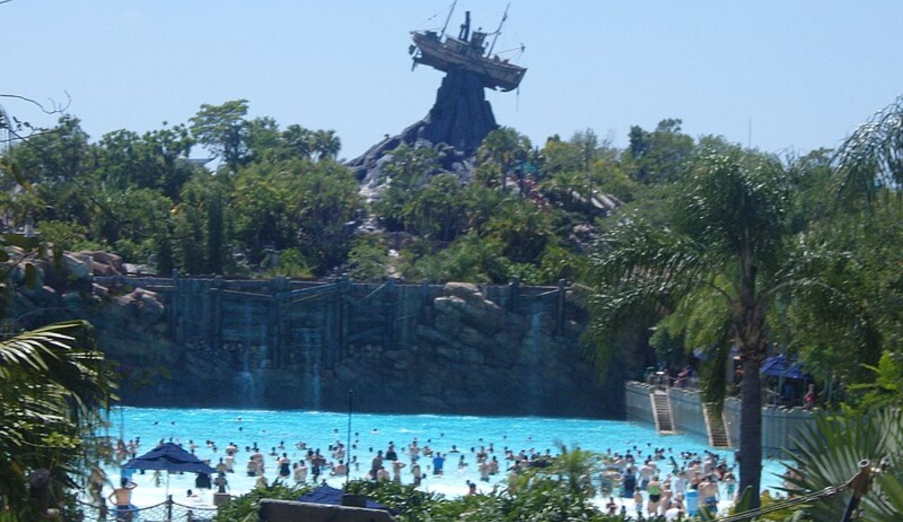 Crowds enjoying the wave pool at Disney’s Typhoon Lagoon in Orlando, Florida.
