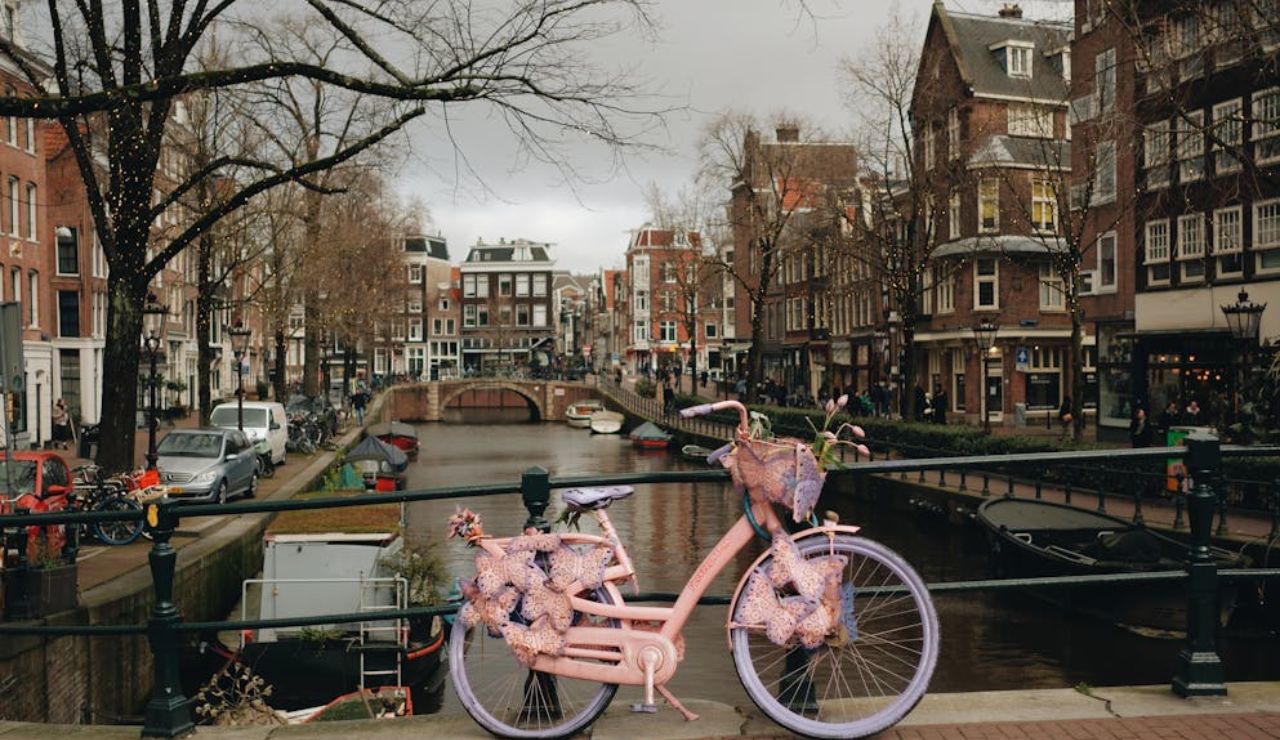 A decorated pink bicycle with flowers is parked on a bridge over a canal in Amsterdam, surrounded by historic buildings and leafless trees.
