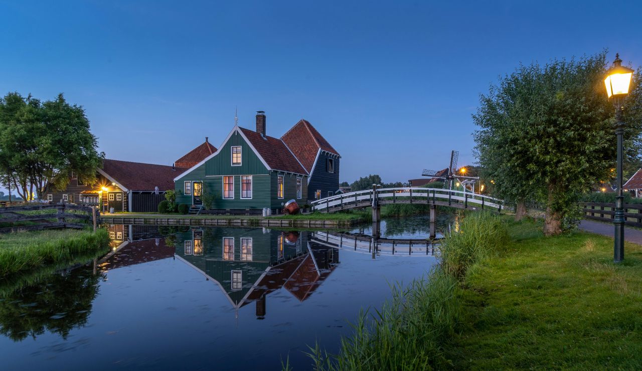 Traditional Dutch windmill surrounded by tulips in Pella.