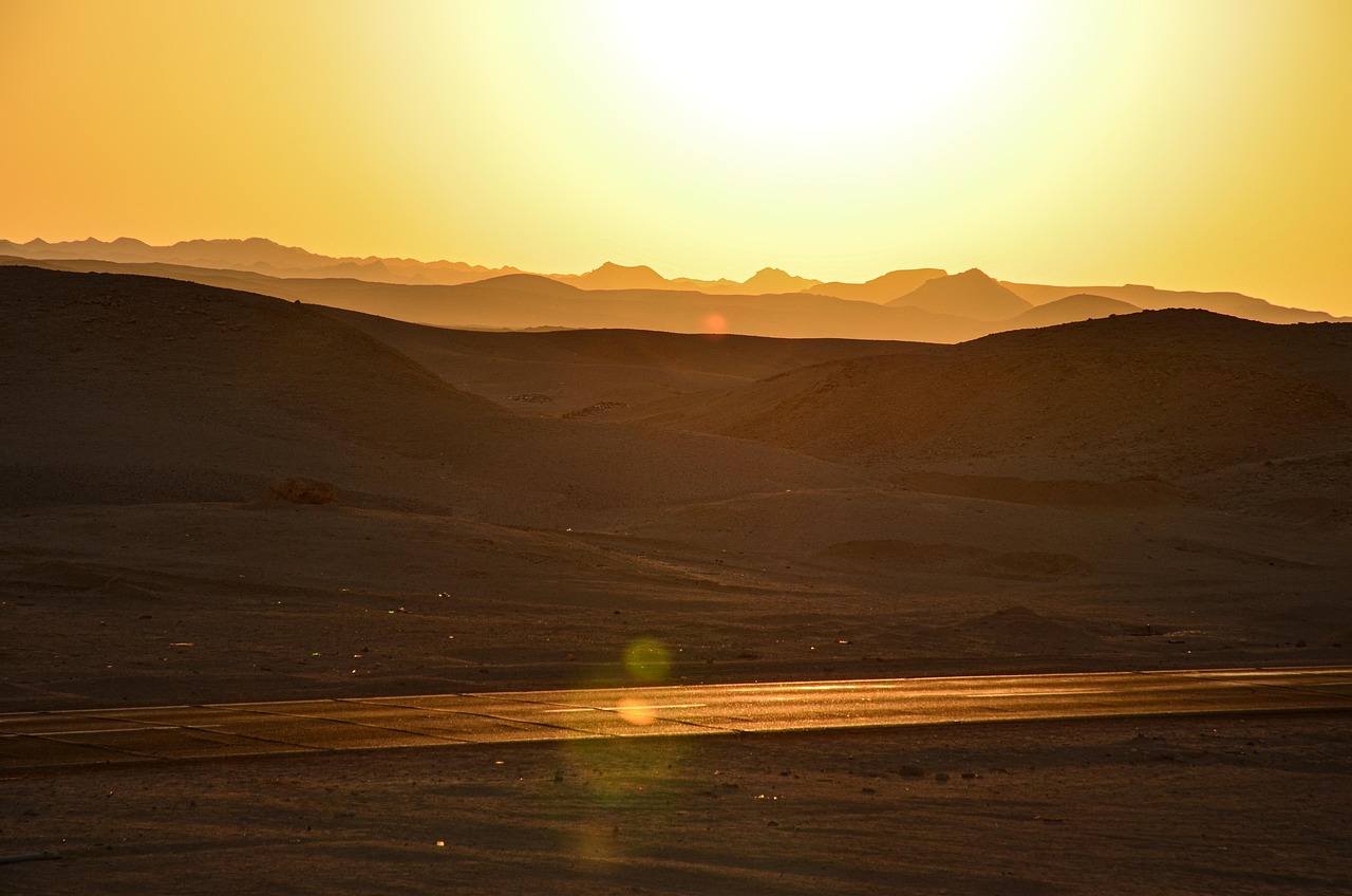 A golden sunset casts long shadows over an Egyptian  desert landscape, with distant mountains and a road in the foreground.