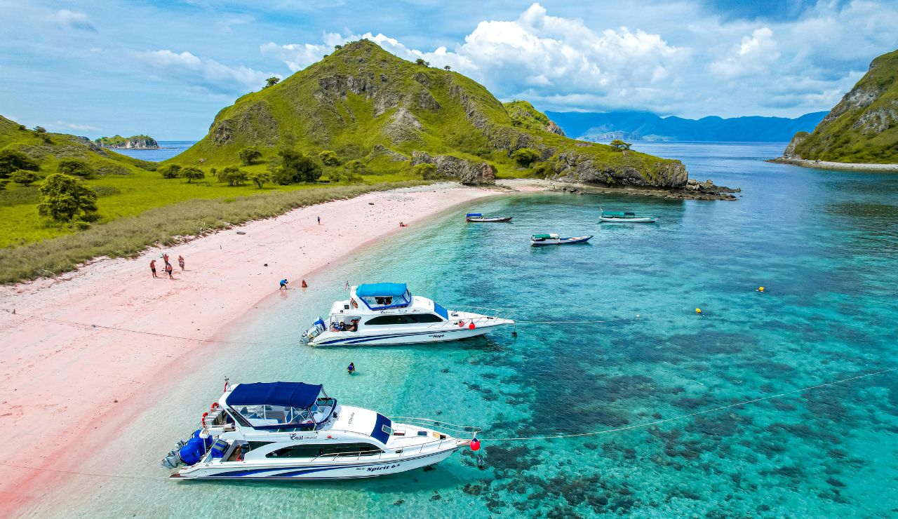 Pink sand beach with boats