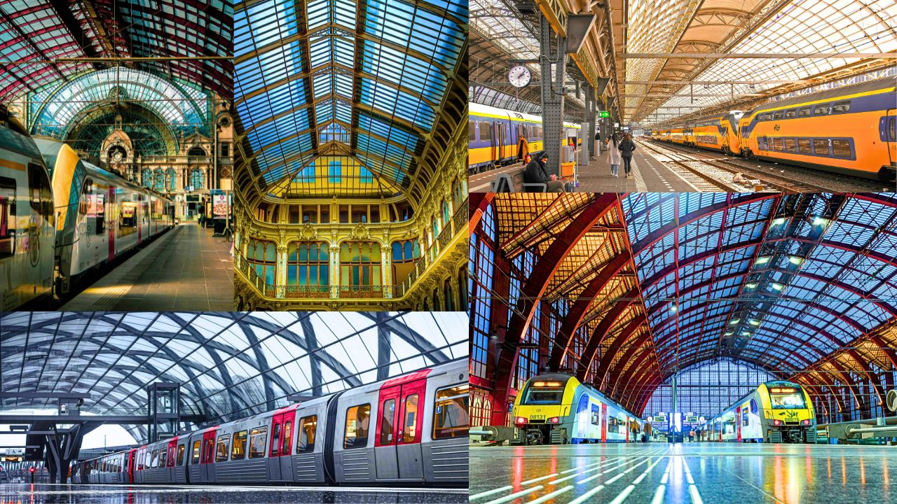 Collage of Europe's most beautiful train stations, including ornate interiors, grand facades, and iconic architectural elements from cities like Antwerp, London, Porto, Paris, and more.