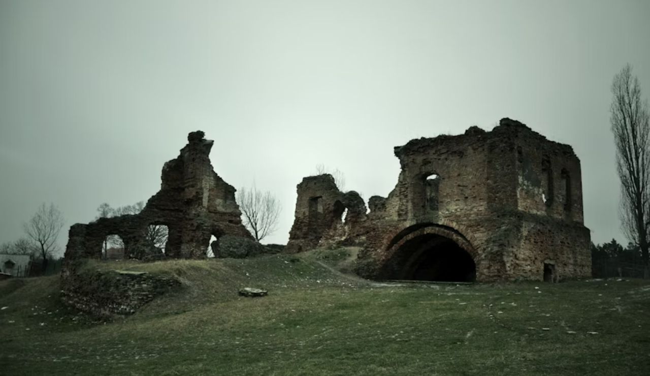 Weathered stone ruins of an old building under a gray, overcast sky.