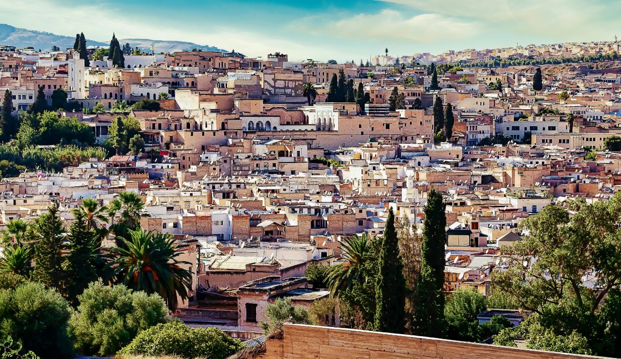 Aerial view of Fez medina with dense rooftops and mosques