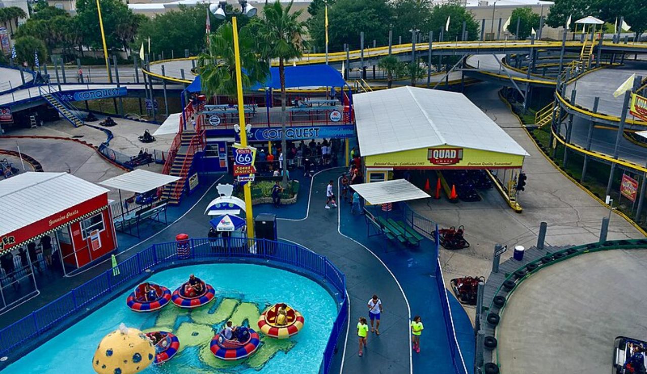 Go-karts and bumper boats at Fun Spot America amusement park in Orlando, Florida.