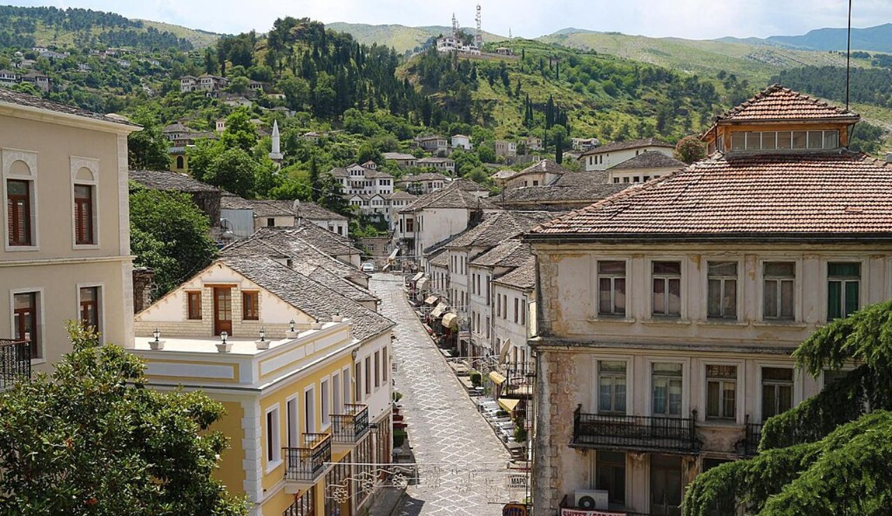 This is the historic town of Gjirokastër in southern Albania, known for its Ottoman-era stone houses and hilltop fortress.