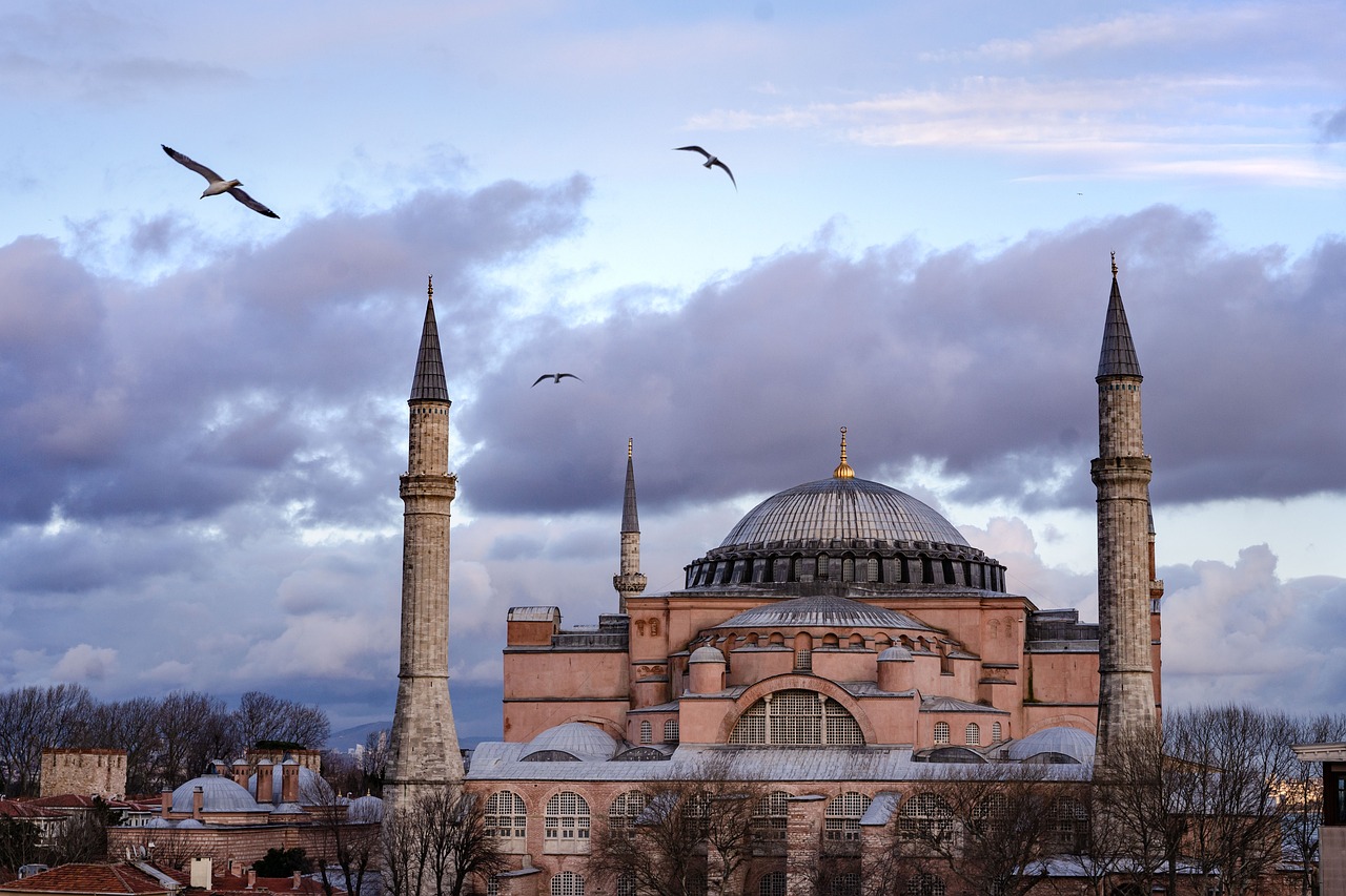 Hagia Sophia in Istanbul, Turkey, with its domes and minarets under a dramatic cloudy sky and birds flying overhead.