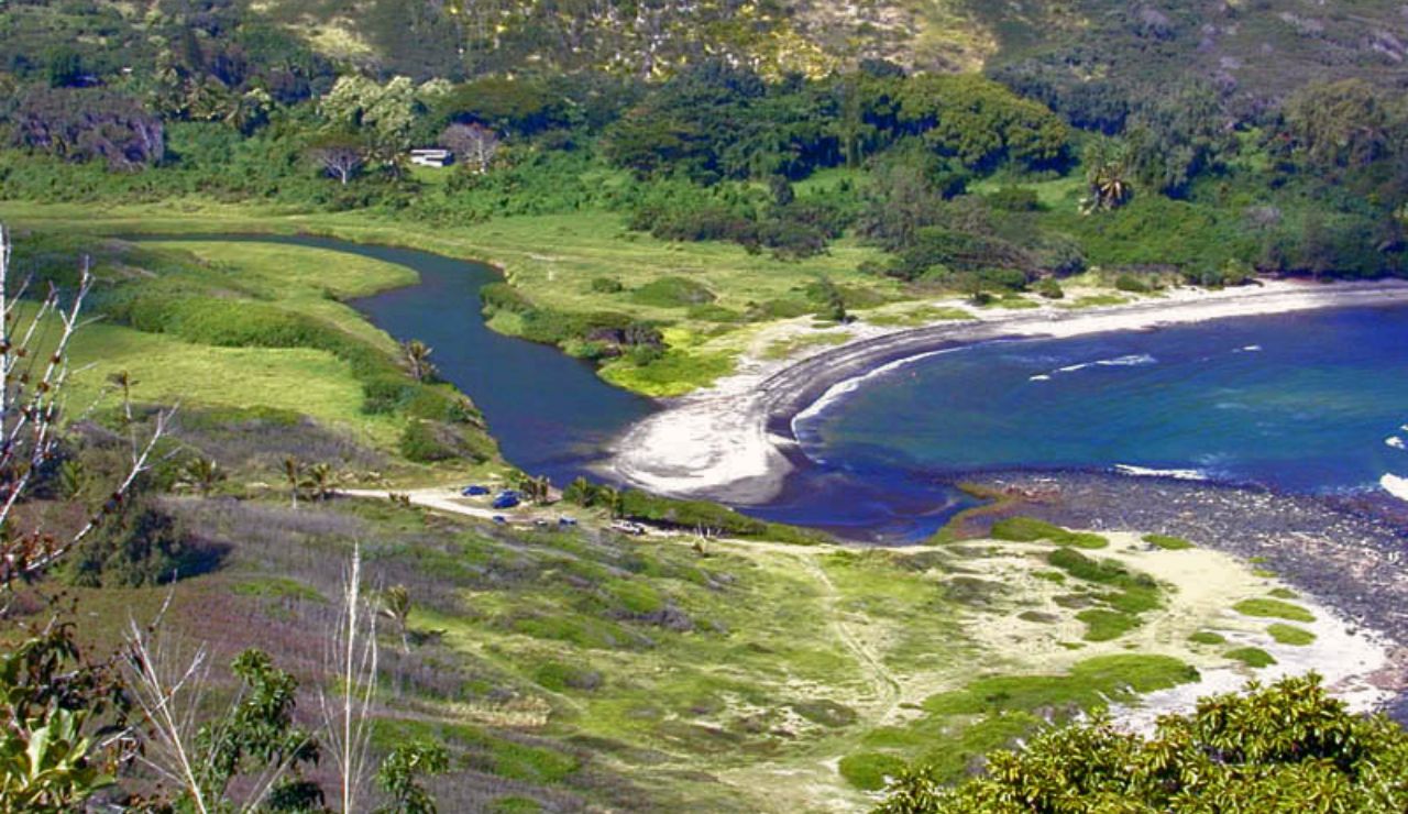 Aerial view of a secluded beach cove with a winding river flowing into the ocean, surrounded by lush green landscape.