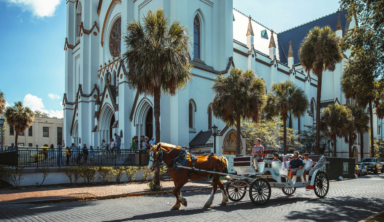 Horse-drawn carriage carrying tourists past a historic cathedral and palm trees on a sunny day.