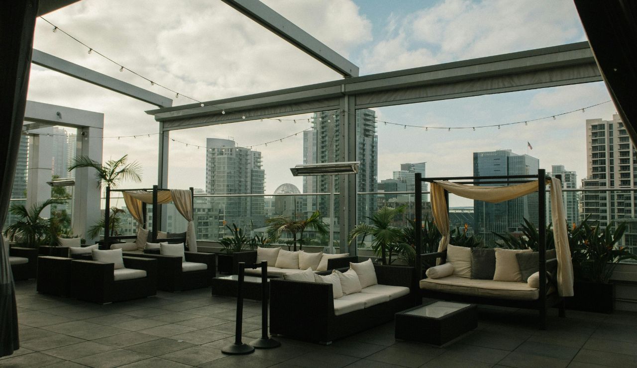 Hidden hotel terrace or rooftop with view