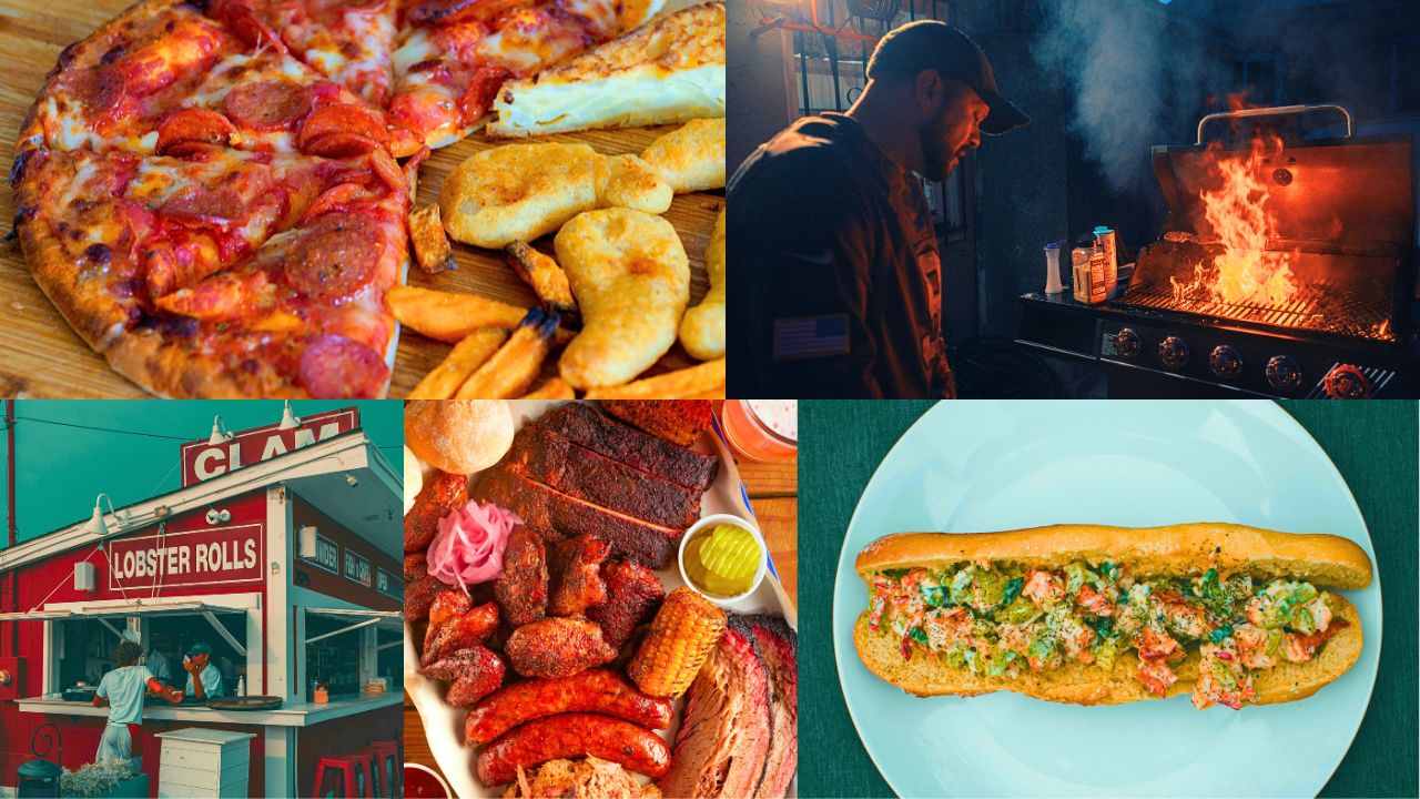 A collage features images of pizza with sides, a man grilling, a lobster roll stand, barbecued meats, and a lobster roll on a plate.