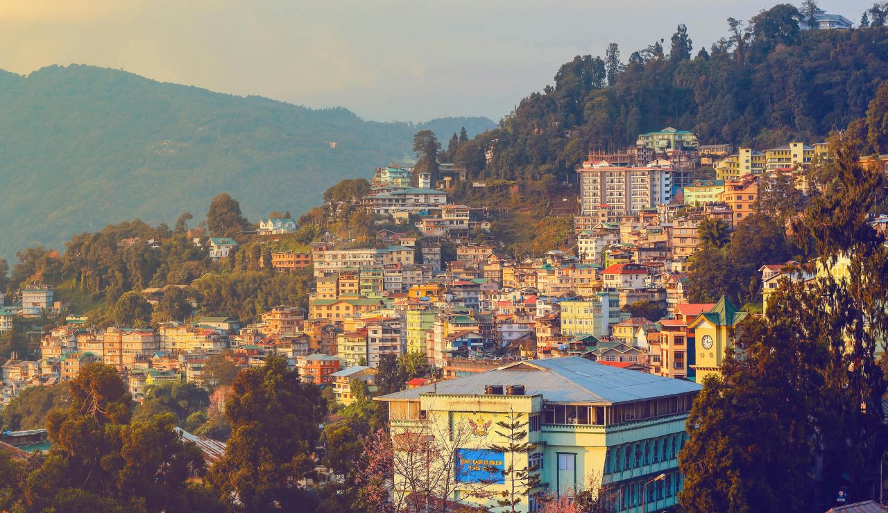 Residential buildings in India with city backdrop