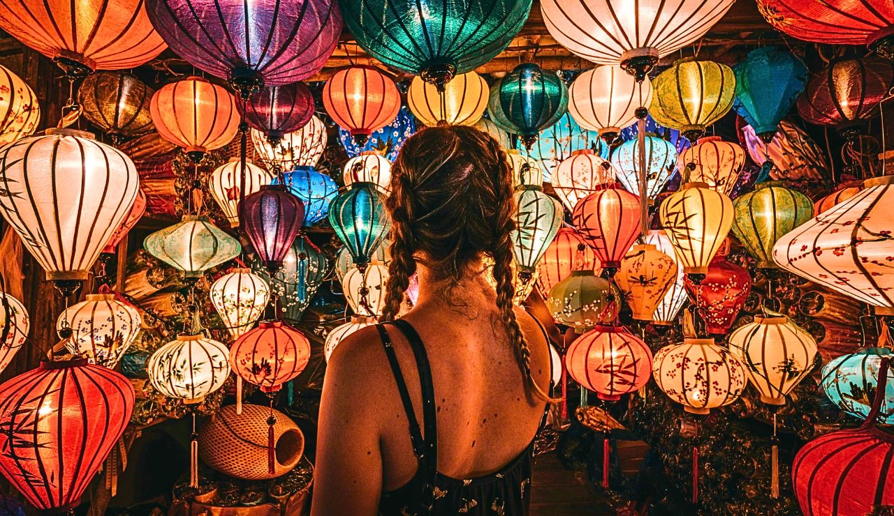 Hundreds of glowing lanterns floating during the Jinju Lantern Festival in South Korea