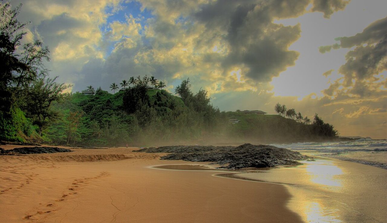 Misty beach at sunrise with golden sand, dark volcanic rocks, and lush greenery under a dramatic cloudy sky.