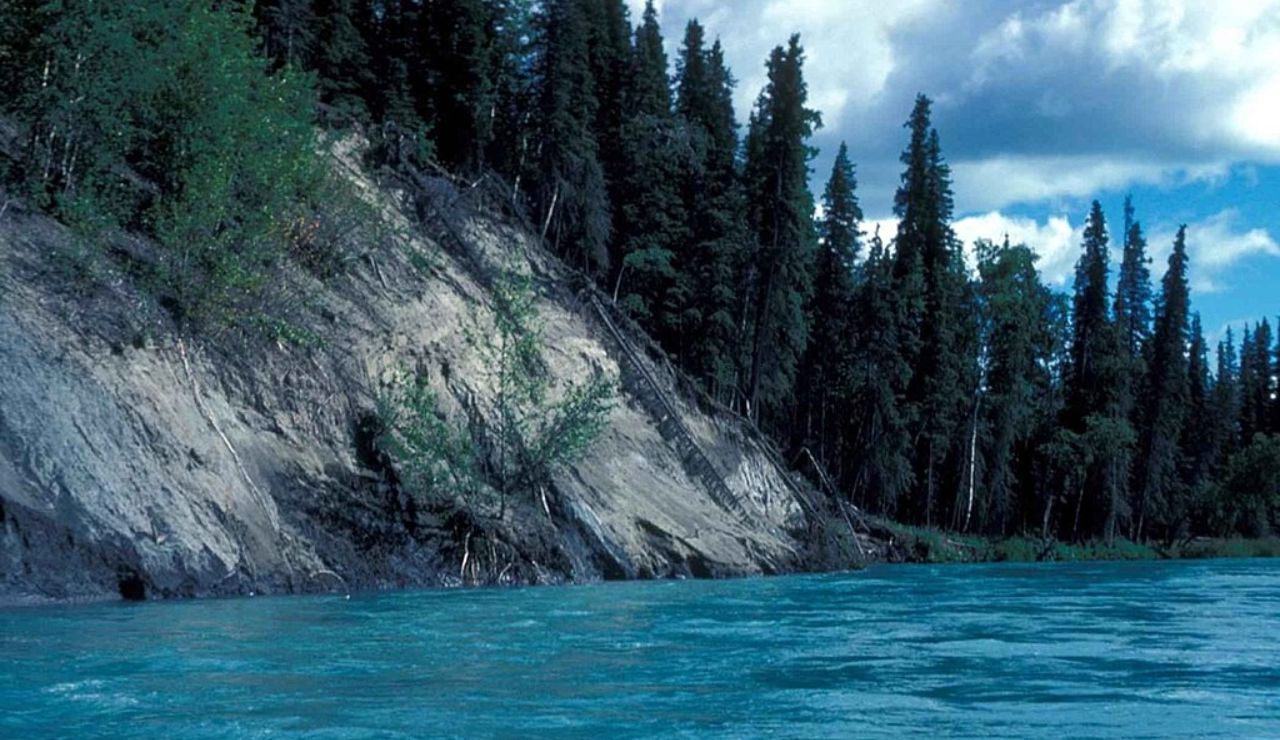 A turquoise stretch of the Kenai River flows past a forested, eroded riverbank under a partly cloudy sky in Alaska.