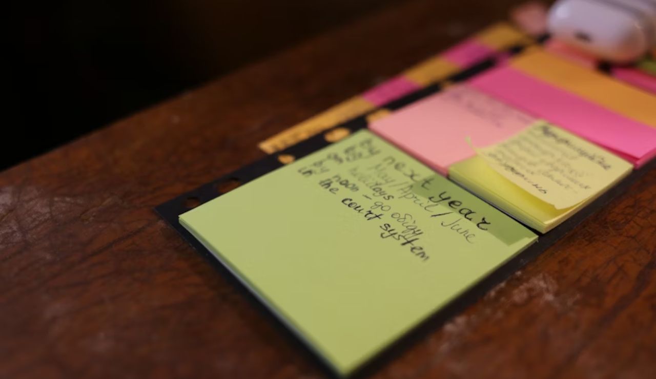Colorful sticky notes on a wooden desk, with handwritten reminders and a focus on a green note about next year’s goals.