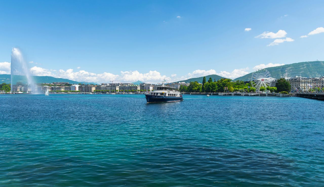 Boats on the lake with town view in Lake Geneva