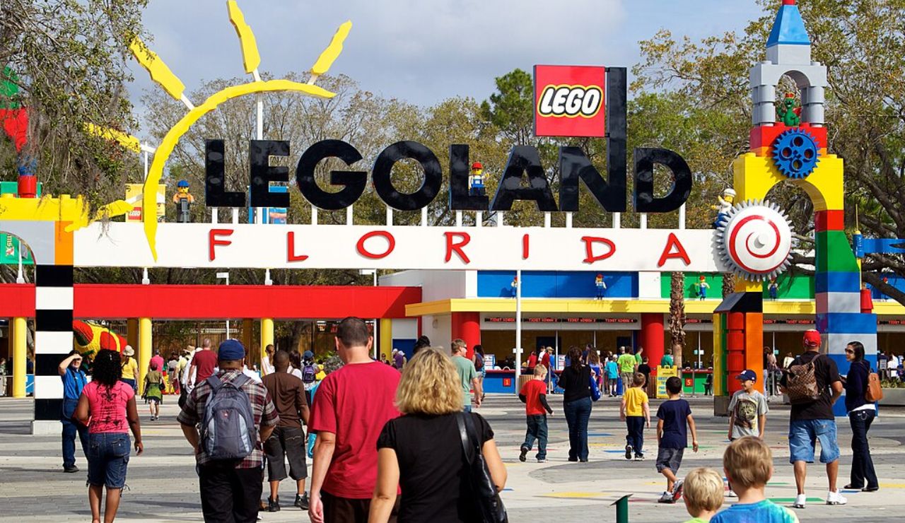 Visitors entering the colorful main entrance of LEGOLAND Florida.