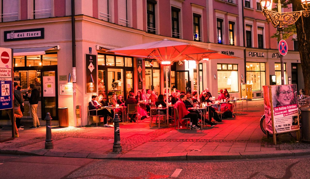 Pedestrian promenade with riverside cafés in Ljubljana city center