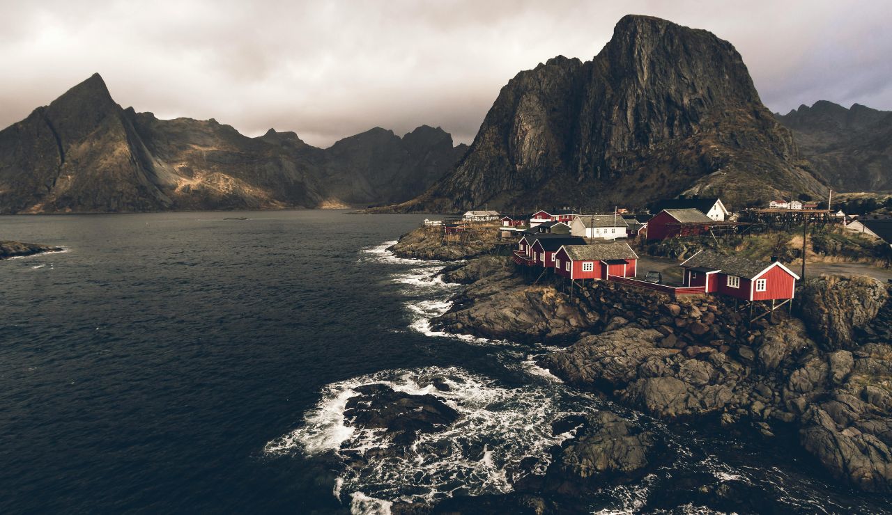 Fishing cabins and mountains in Lofoten Islands