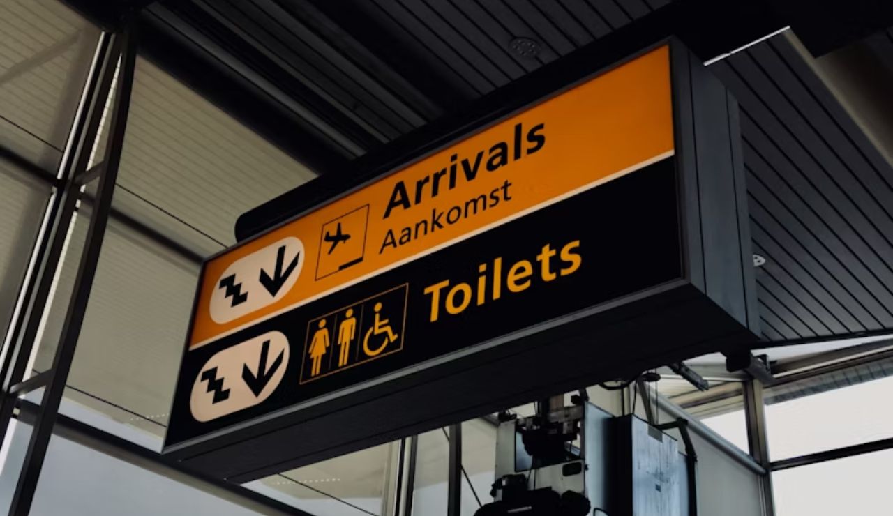 Airport sign showing directions for "Arrivals" and "Toilets," with symbols for elevators and accessible restrooms.