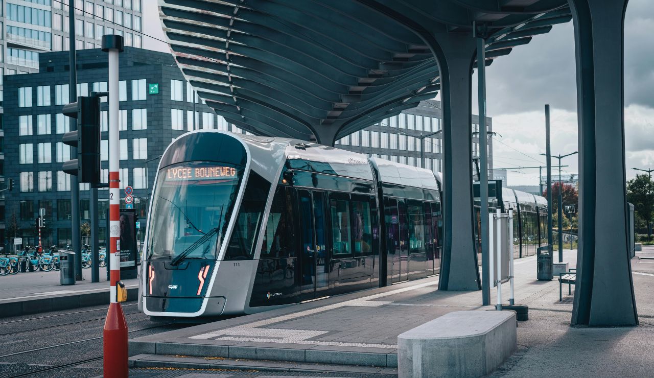 Modern tram passing through downtown Luxembourg City