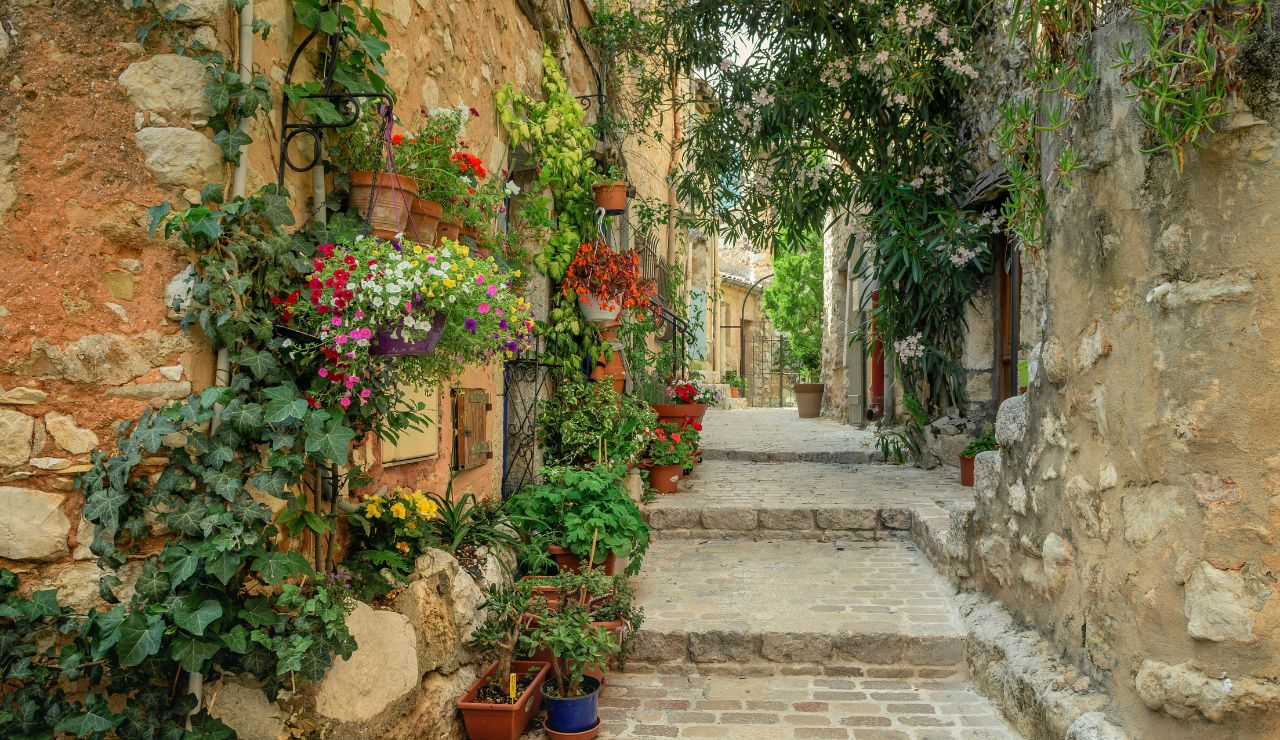 Narrow cobblestone street with traditional bouchon in Lyon