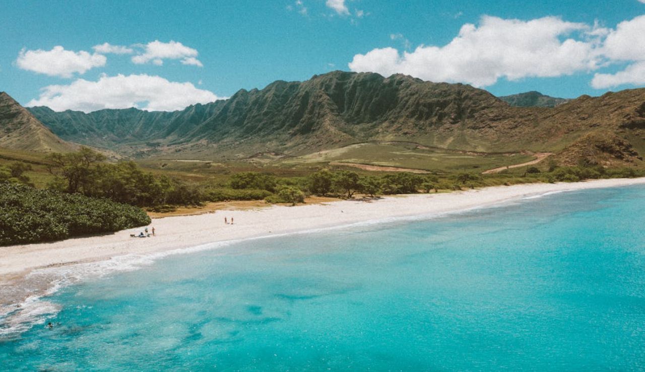 Aerial view of a secluded beach with turquoise water and rugged mountains in the background.