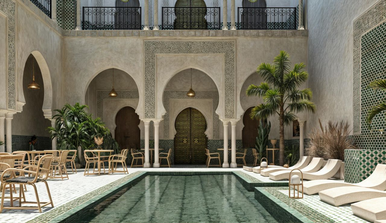 Mosaic-tiled riad courtyard in Marrakech with a central fountain.