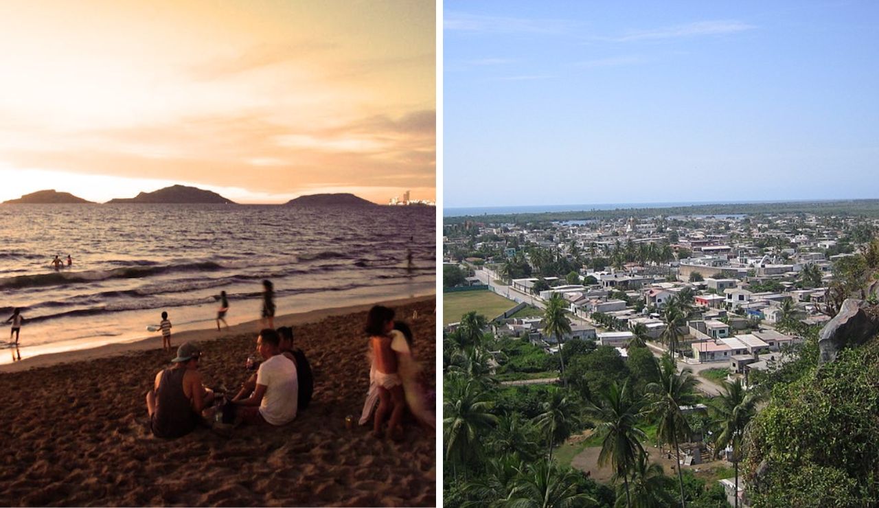 Side-by-side view of Mazatlán (left) with people enjoying a sunset on the beach, and San Blas (right) showing a lush, coastal town with tropical greenery and scattered buildings near the shoreline.