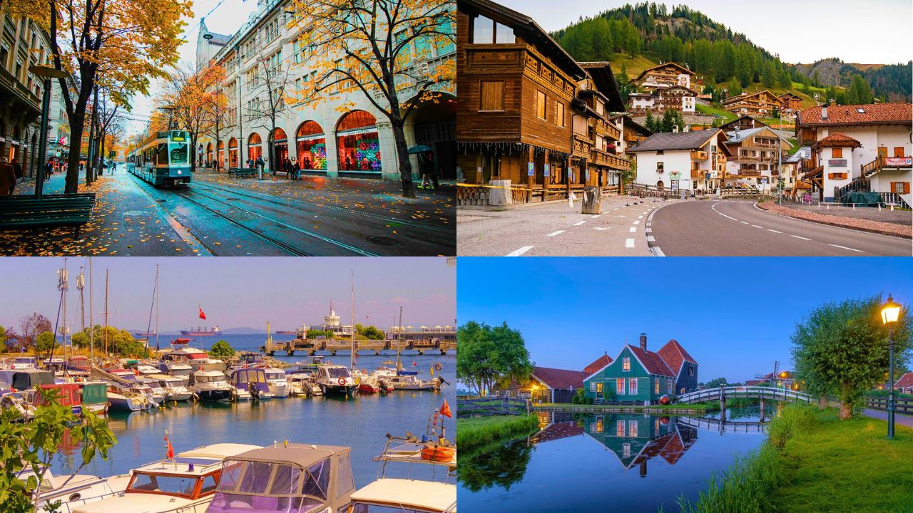 Collage of scenic Midwest small towns with lakes, windmills, and brick streets.