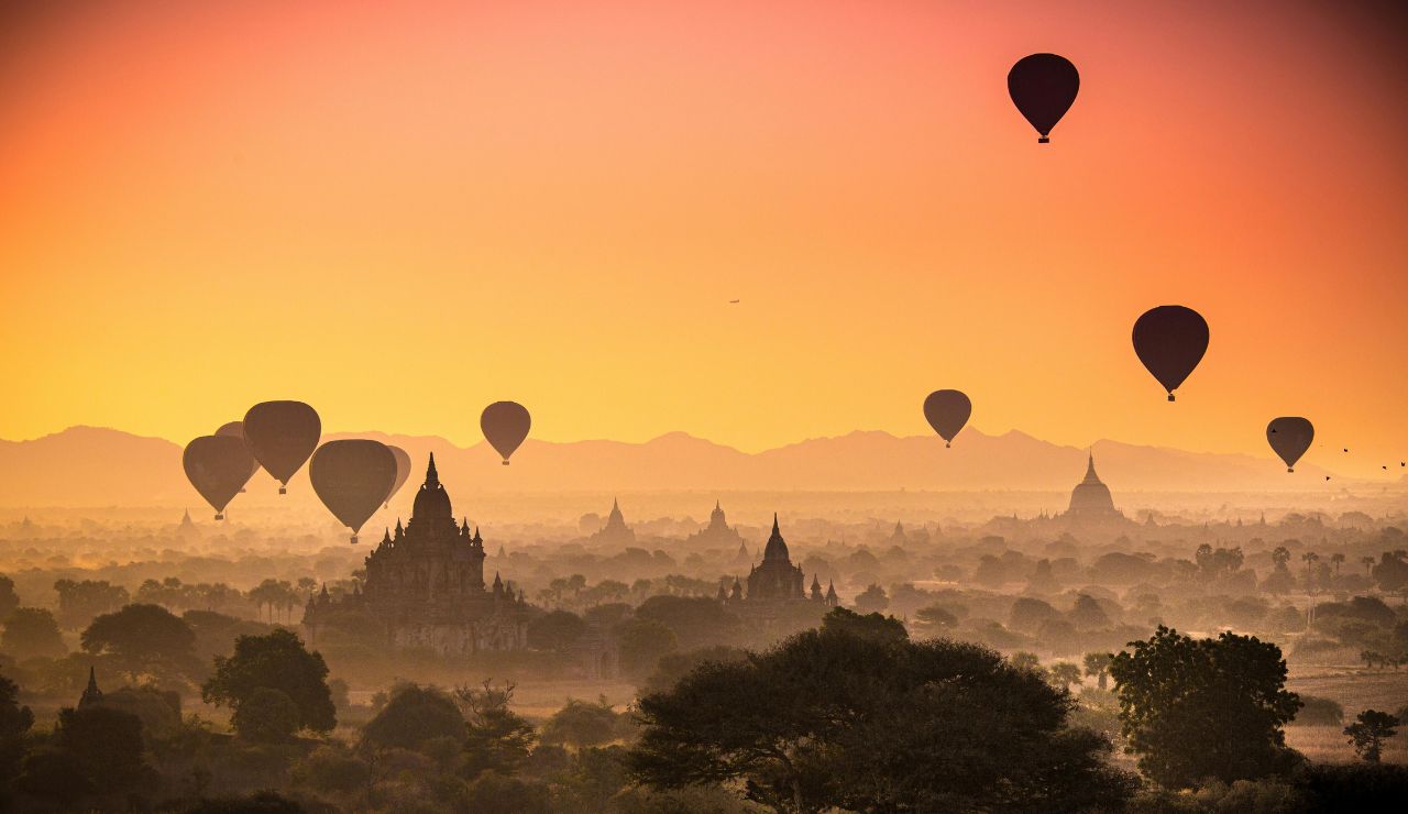 Bagan temple landscape in Myanmar at sunrise