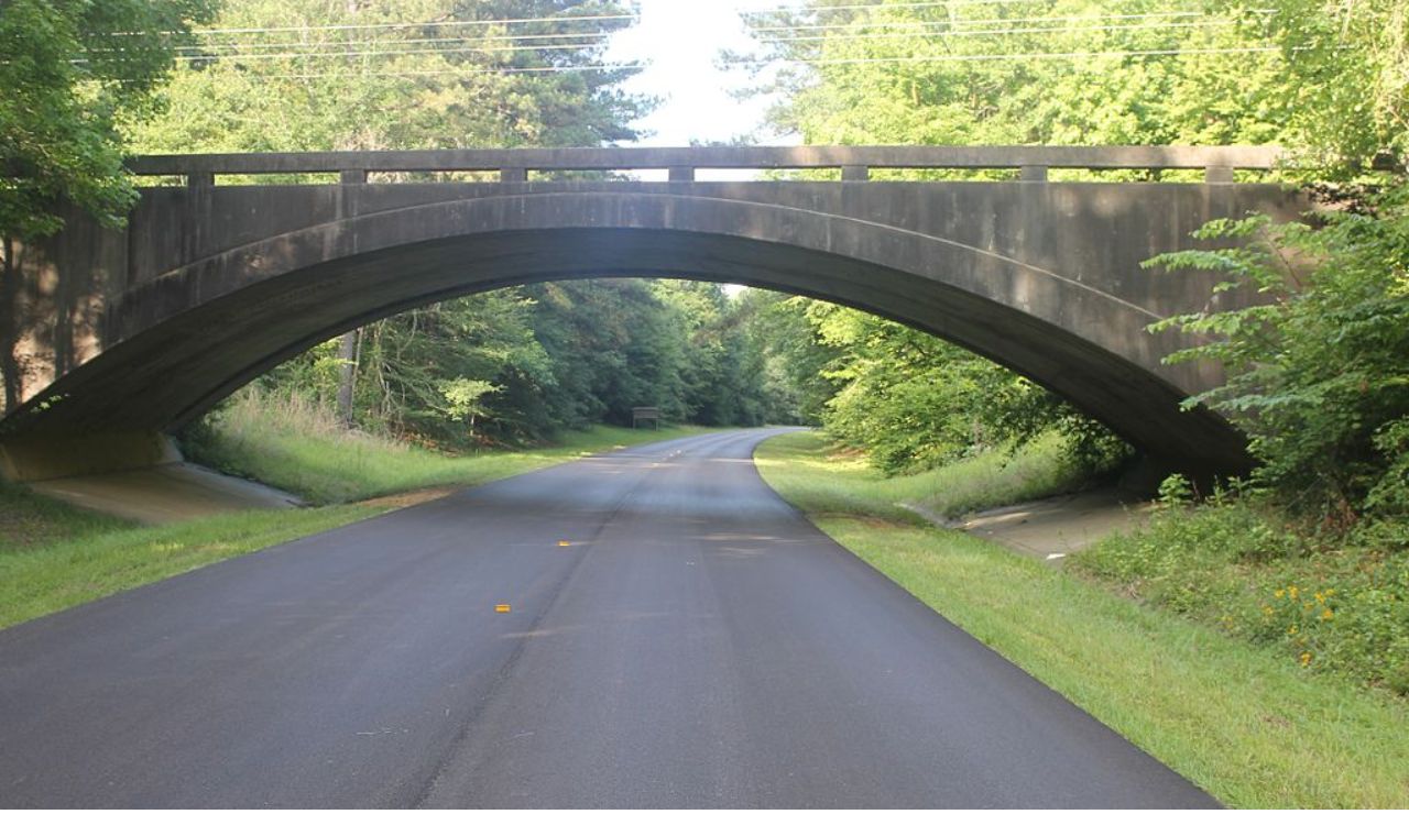 Paved road curving through a forested area, passing beneath a concrete arched bridge surrounded by lush greenery.