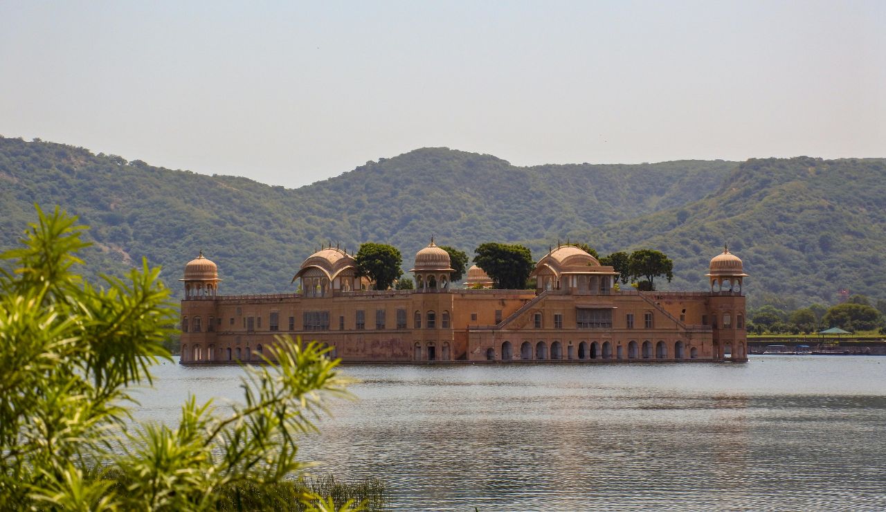 Tiers of Neemrana Fort Palace rising against the Aravalli hills