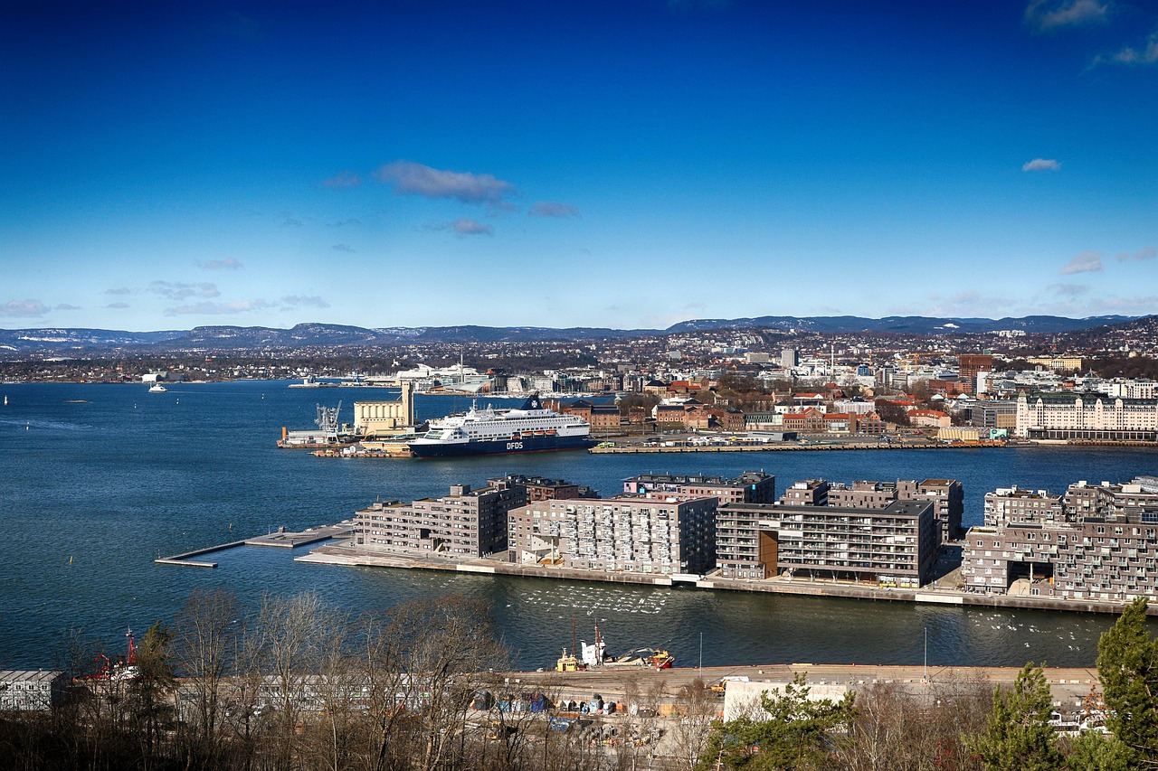 A panoramic view of a coastal city with modern waterfront buildings, a large cruise ship docked in the harbor, and rolling hills in the background under a clear blue sky.
