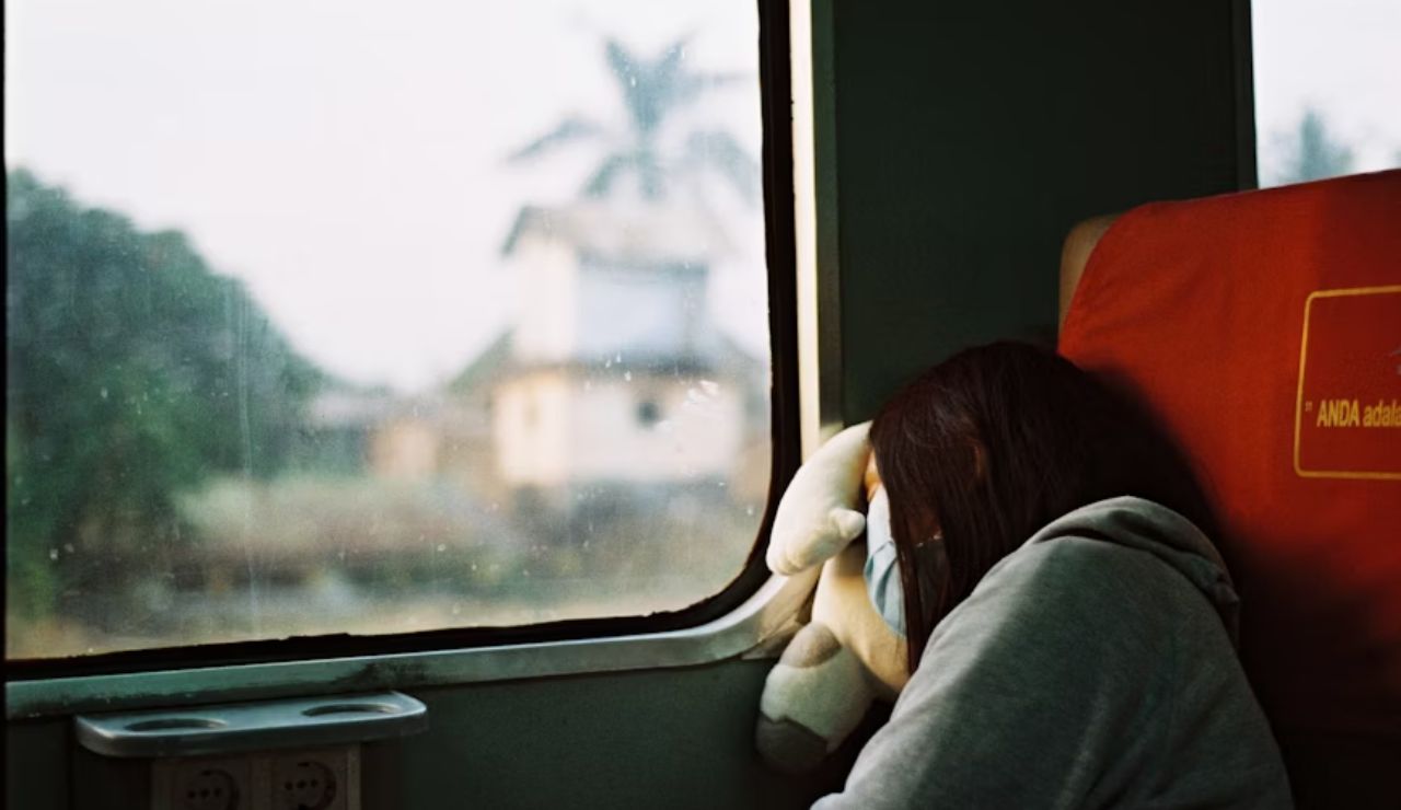 Person resting with a plush toy against the window of a train, looking out at a blurry landscape with a house and palm trees.