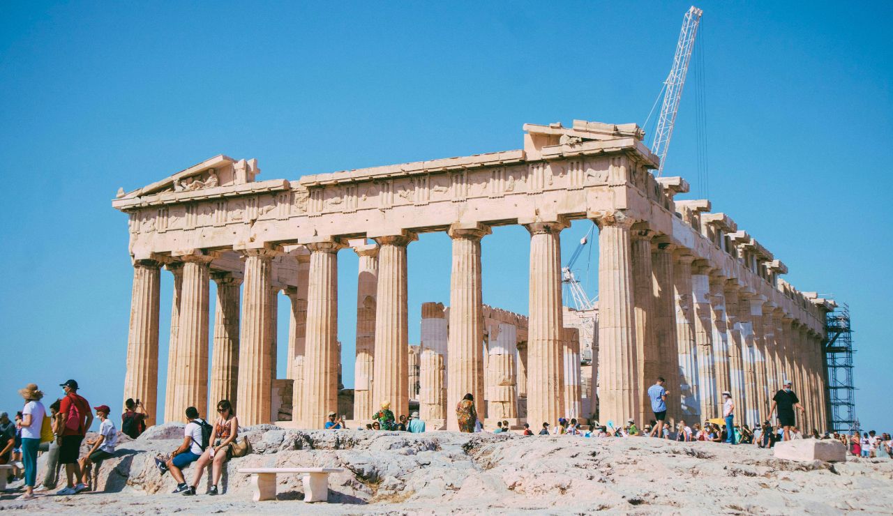 The Parthenon atop the Acropolis at sunset.